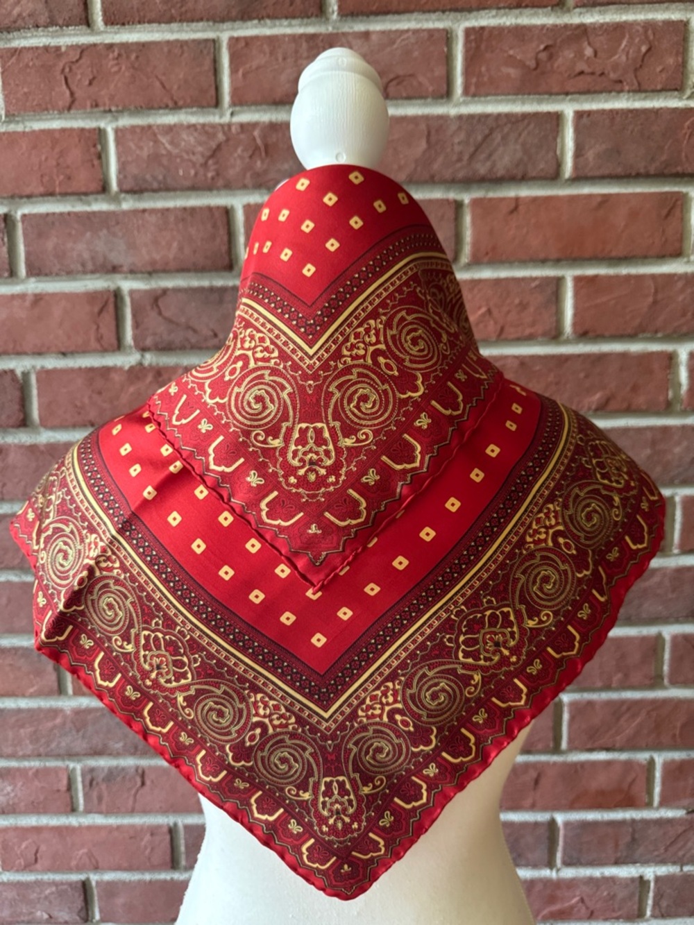 Red and Gold Paisley Handrolled Silk Scarf 19”x19” NEW